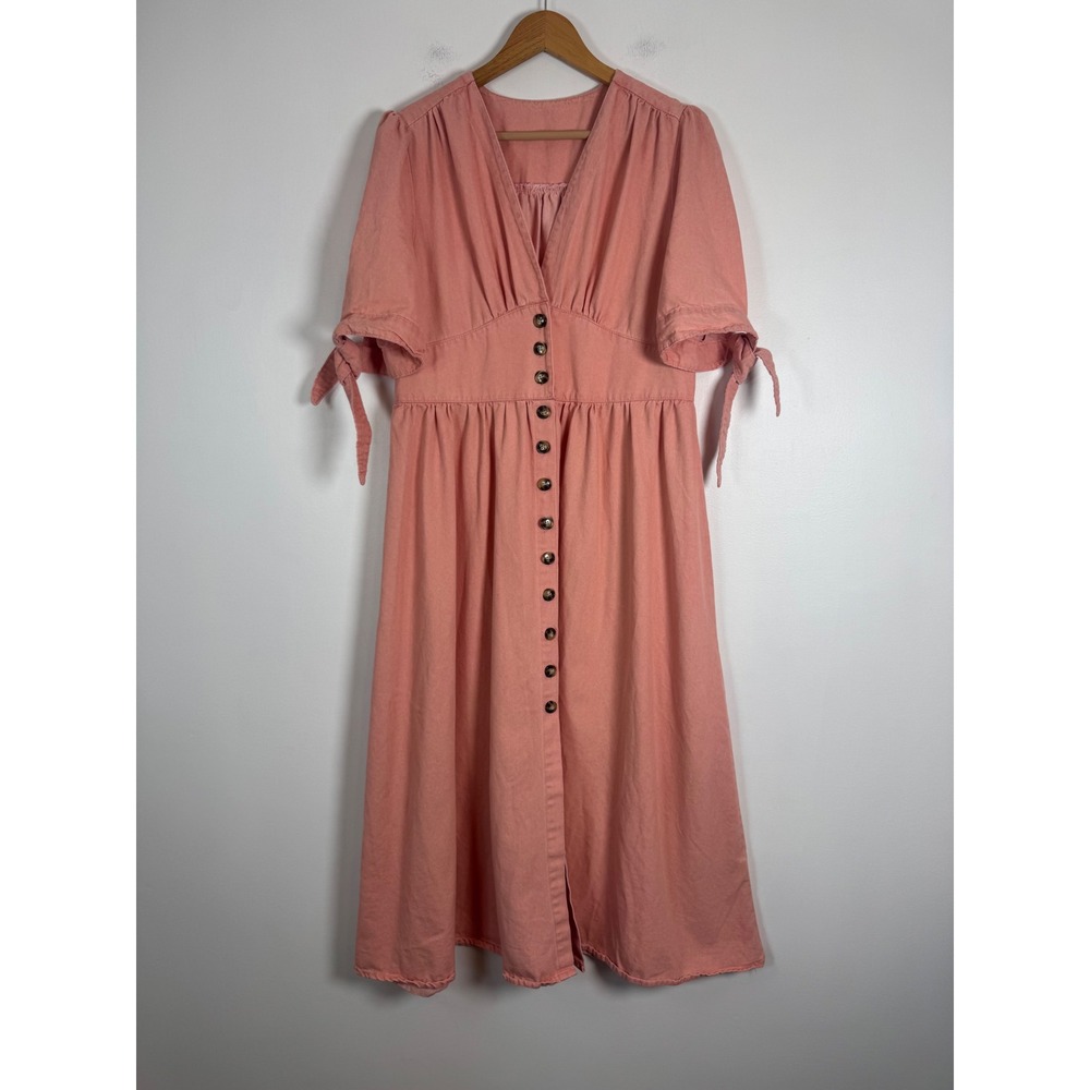 Cottagecore Unbranded Womens XL Midi Dress Pink Button Front Tie Sleeve Boho